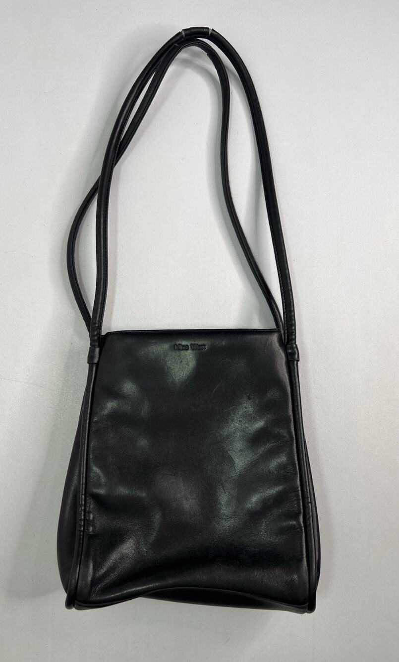 VTG Nine West Black Leather Shoulder Bag Tote Sleek Classic Dual Strap Minimal